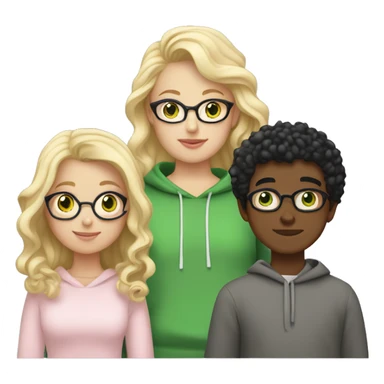 Curvy girl with long blonde hair and green eyes wearing a light pink sweater and white skirt holding hands with a brown boy with short curly black hair and glasses wearing a grey hoodie sticker