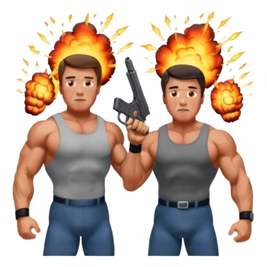 Arnold Schwarzenegger and Sylvester Stallone, explosions, weapons. The design should capture the high-energy, dynamic nature of their films. Transparent background. sticker