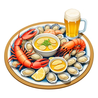 Qingdao seafood with beer, simplified emoji style with bold outlines and bright colors, cartoon style Chinese seafood platter with yellow beer sticker