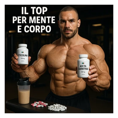 hyper realistic bodybuilder showing citicoline and acetylcarnitine bottles next to supplements, defined muscles, text 'Il top per mente e corpo', gym environment, motivational atmosphere sticker