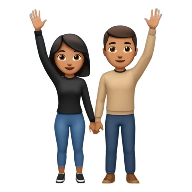 A 3D cartoon couple on top of a hill raising hands in victory, sunny sky and nature background, Memoji-style. inside photo frame. sticker