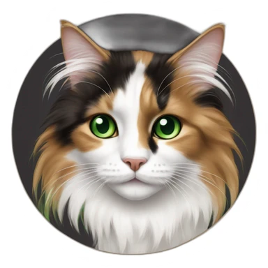 longhaired white and dark brown calico cat with green eyes sat on round cardboard sticker
