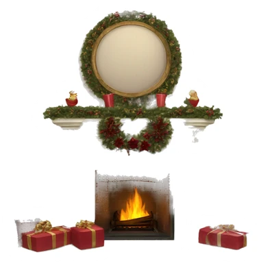 Vintage fireplace with Christmas wreaths with burgundy ornaments with stockings sticker