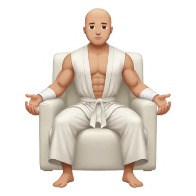 fullbody jacked bald guy, sleeveless and unbuttoned in full white robe sitting without chair and hands down sticker
