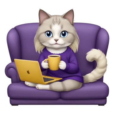 a cute blue eyed brown and white ragdoll cat with white paws and brown and beige tail wearing the dark violet sweater with yellow letteting "Milena" sitting on a grey sofa with grey laptop branded lettering "Lenovo" and drinking coffee sticker