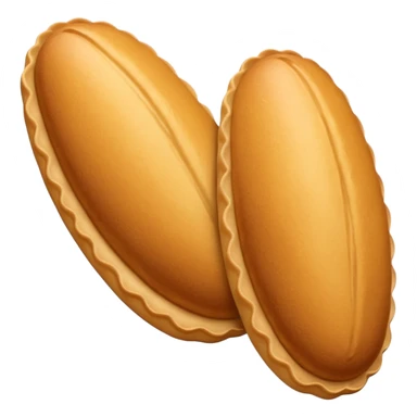 A madeleine pastry. Scalloped oval seashell shape with ONLY four to five vertical lines going in the same direction. Light golden brown. Scalloped edge. Cookie. Flat. Long. Oval shape. Lets scallops. sticker