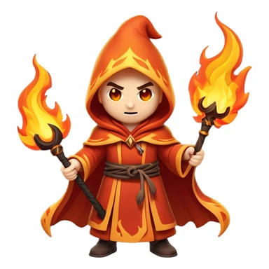 Clash of Clans aesthetic: Cinematic Ferocious Fire Mage Hero Emoji, rendered in a 3D vector-style similar to standard emojis with minimal shading and bold, simplified shapes. A compact, isometric figure draped in flowing, charred and ember-lined robes, wielding a fiery staff crackling with intense flames. Eyes burning with an infernal glow, exuding raw, untamed power. Simplified yet unmistakably iconic, highly detailed and consistent, glowing with a fiery, molten radiance and high shine. Stylized with a touch of menacing sorcery and a searing, ember-infused outline, capturing the essence of a wrathful mage ready to unleash devastating fire magic! sticker