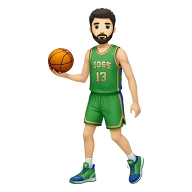 Full Body  white male basketball player with short shaggy dark hair and  close shave gold tee beard  wearing blue and green uniform sticker