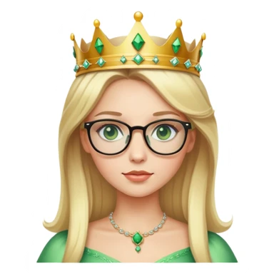 beautiful princess with blonde hair, striking green eyes, wearing glasses and a crown sticker