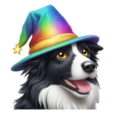 Rainbow-coloured Border Collie wearing a velvet wizard hat covered with tiny, sparkling, silver stars.  sticker