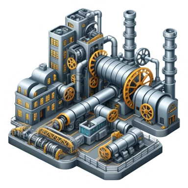 An icon featuring a giant factory with industrial machines and assembly lines, symbolizing mechanical engineering. The design includes gears, robotic arms, and blueprints, representing the creation of machinery and complex systems. Transparent background highlights innovation in manufacturing sticker