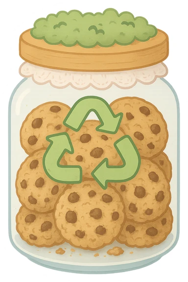 Fill the inside of this exact cookie jar with cookies, keeping the same cottagecore style, glass jar, wooden lid, lace, moss, and recycling symbol. No words or text. Maintain the transparent background. The style is cottagecore with delicate details on the glass jar, wooden lid, lace, moss, and recycling symbol. sticker