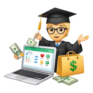 
*"Emoji-style illustration of making money online: a laptop, dollar bills, a smartphone, and social media icons like YouTube and TikTok."*training: a laptop with a shopping cart icon, a graduation cap, and a person teaching online with charts and money symbols."* sticker