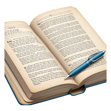 Create a detailed emoji representing the process of writing texts for comic books. The design should feature a large, open comic book with vintage comic strips visible on its pages. A pen should be shown writing text on one of the comic panels, but without a hand. The pencil should appear as though it is actively creating the dialogue or narration. Use a classic color palette with muted tones for the comic book and brighter accents on the pencil to draw attention to the writing process. Do not include any emojis or smiley faces. Make the background transparent. sticker
