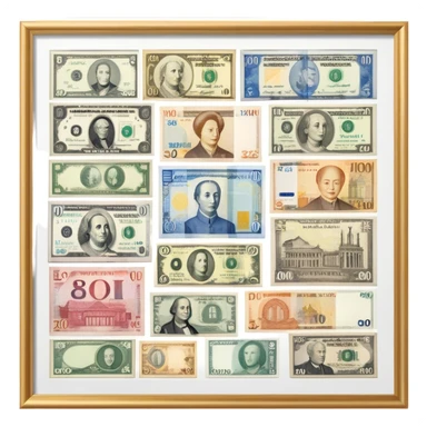 Icon for Banknote Collecting: old and new banknotes from different countries such as Euro, Dollar, Yen, Krona, Yuan, and others, displayed in frames on a wall. The icon should evoke the diversity and richness of currency collection. Transparent background. sticker