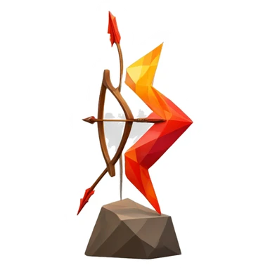 A bow and arrow symbol sculpture with a geometric, faceted design. The symbol is standing upright with angular and disney features. The vibrant red flame colors highlights the sharp edges and planes. sticker