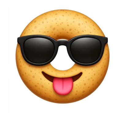 Make the dough a perfect circle with holes like a classic donut, add a textured surface, and use the same black sunglasses as the cool emoji on iPhone. Keep the background transparent. The style should resemble the iPhone emoji style with a clean and polished look. sticker