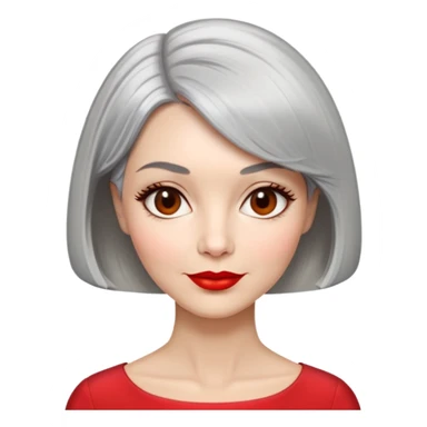 Sophisticated 70s woman with silver-gray bob cut, fair skin, almond eyes, distinctive cheekbones, wearing red lipstick and red blouse, warm friendly expression sticker