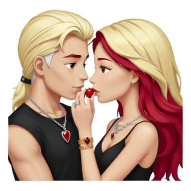 close-up of young couple kissing, girl with long cherry red hair and blonde eyebrows, gold A necklace, diamond ring, red bracelet, boy with stark white hair, silver ring with black stone, dark t-shirt sticker