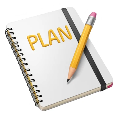 Emoji of a notebook with a pencil and the word “PLAN” written on the cover, iPhone emoji style. Flat design, smooth gradients, rounded edges, soft shadows, clean look, white background. sticker
