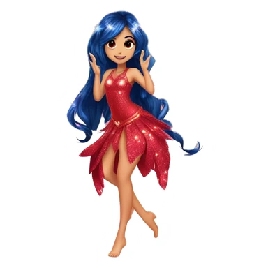 Musa asian adult latina fairy of music in her enchantix fairy red sparkling two-piece clothing and fairy enchantix wings and long dark blue hair from winx club. Lots of sparkles and fairydust. Full body pic and full fairy bliss sticker