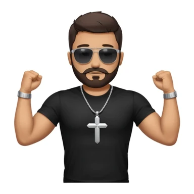 man with a beard and short dark hair, wearing sunglasses, a black t-shirt, and a cross necklace, flexing his arms confidently, outdoors sticker