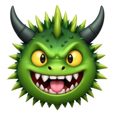 A green monster with two small black horns, spiky fur, big round yellow eyes, and a wide grin showing sharp teeth with its tongue playfully sticking out.  sticker