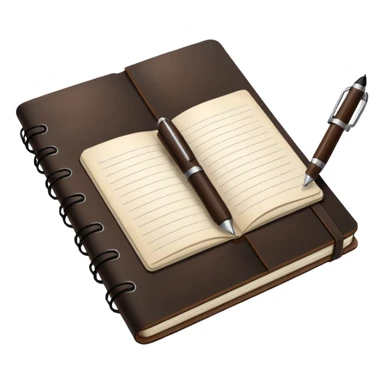 a leather notebook, open with lined pages, pen resting on top sticker