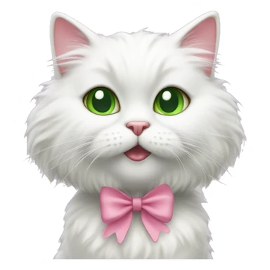 a white fluffy cat, with green eyes and a pink bow on its head, licks its paws sticker