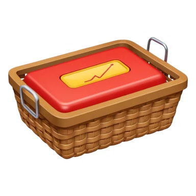 shallow wicker basket seen from above containing one breadcrumb, tiny red battery icon at 5% in upper right, bold lines, flat colors, subtle gradients, emoji look sticker