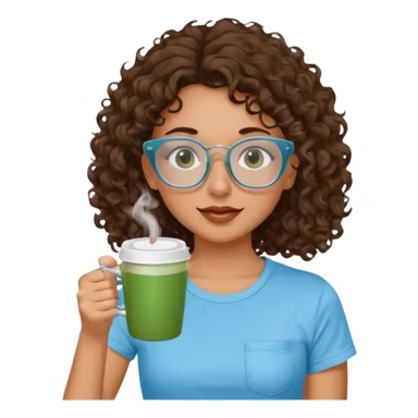 White girl with dark brown curly hair, brown eyes, sky blue glasses, nose ring, green t shirt, drinking coffee from a glass cup sticker