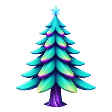 Futuristic glowing Christmas tree emoji with neon decorations, purple and cyan holographic glow, dark background, festive sparkles, no face. sticker