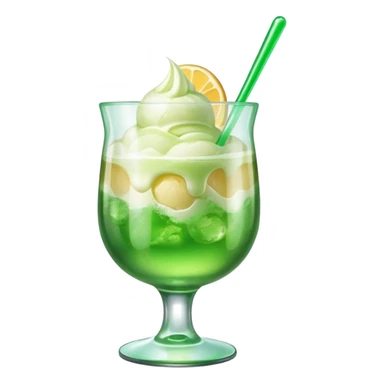 Create an emoji with a clear rounded glass, bright transparent green soda, vanilla ice cream scoop
 sticker