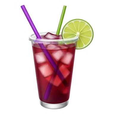 maroon purple cocktail with a lime wedge in the drink in a plastic cup with lid and straw  sticker