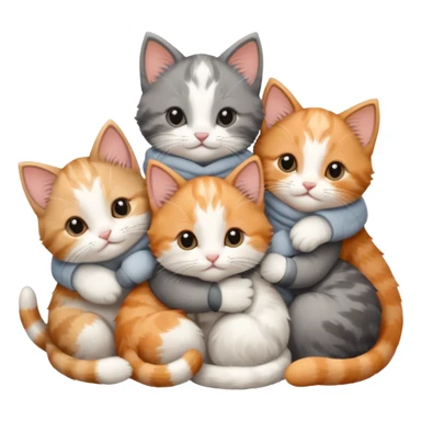6 tiny kittens cuddling together all various different natural colours including solid grey with white mittens, grey and white, ginger and white, calico and brown and white sticker