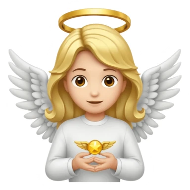"Um emoji de anjo com cabelos loiros, um halo, asas, segurando um sinal de 'compartilhar' em letras em negrito." sticker