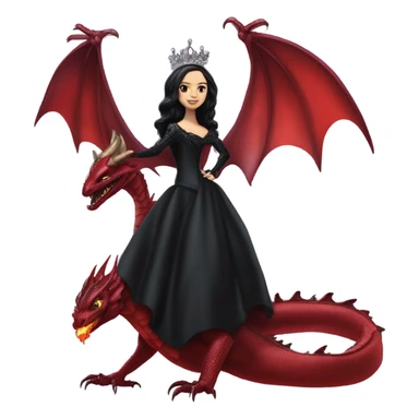 Lavish Victorian evening gown, Jenna Ortega as young Morticia Addams Jedi wearing a mini tiara, riding on the back of a very large blood red evil-looking fire-spewing horned dragon sticker