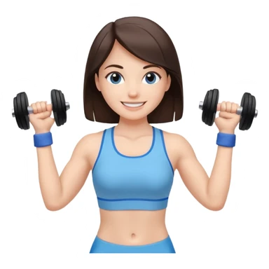 brunette girl lifting dumbbells, dressed in light blue sportswear, smiling, minimal background sticker