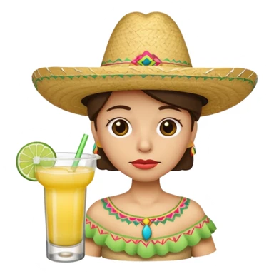 Sad face emoji wearing sombrero drinking margarita sticker