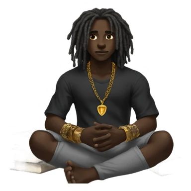 darkskin boy dreads black shirt grey sweats gold bracelets necklaces reading bible sticker