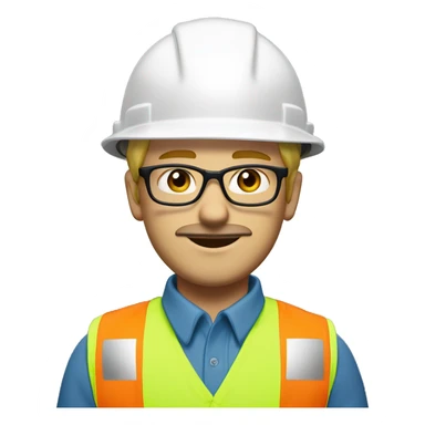 skinny blonde young man, large lips, no beard but with mustache, negative canthal tilt, muted blue/green eyes, glasses, wearing white hard hat that says ”gmc” in orange letters, orange safety vest, muted blue shirt sticker