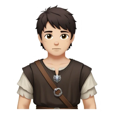 medieval summer outfit worn by a DnD themed fantasy male character. basic sleeveless cotton tunic with a simple, rounded neckline and a loose fit. clothes only above the waist. The clothes full waist. The character's haven't arms. character is white-skinned, black hair, brown eyes, short messy hair. sticker