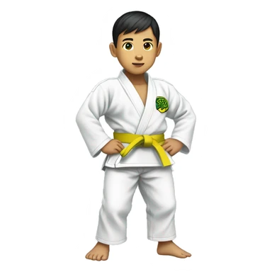 Full body Asian boy with broccoli haircut wearing jiujitsu gi with a yellow belt  sticker