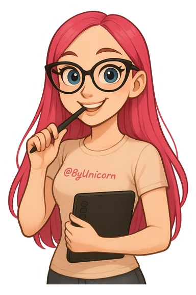 девушка с референса в рисованном милом стиле, у девушки розовые длинные прямые волосы, большие выразительные голубые глаза, черные очки для зрения формы кошачий глаз, нос чуть с горбинкой, девушка улыбается а в зубах прикусывает перо от графического планшета, которое она держит в руке, а в другой руке держит сам планшет 
одета девушка в светло-бежевую облегающую футболку с вышивкой розовым цветом @ByUnicorn, фон градиентный розовый, можно добавить легкие воздушные нежные облака sticker