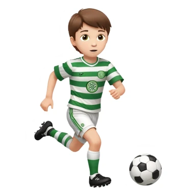 Celtic footballer jersey logo  6 years old brown hair white boy , brown eyes , stripes uniform , RUNNING  with soccer ball # 17 celtic football logo PUT ONLY ONE LOGO ONE CELTIC LOGO ONLY white shorts sticker