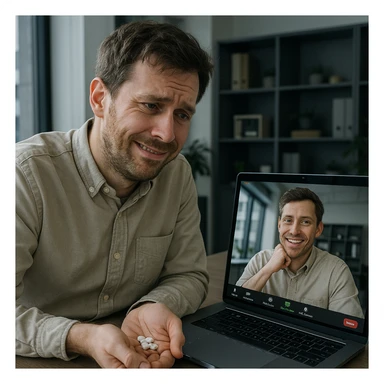 Man in his mid-30s on a Zoom call, forced cheerful expression, hand under table with caffeine pills, screen reflection shows hunched posture, virtual avatar energetic, hyperrealistic 4K, office background sticker