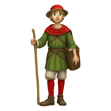 Young European pilgrim of the 13th century with staff, red stockings, short tunic and green hat and leather bag sticker