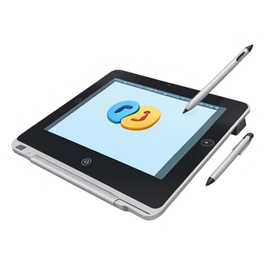 Create an emoji for 3D visualization and modeling. Show a large graphic tablet with a stylus drawing in a 3D modeling program. The 3D model on the screen should appear to protrude out of the screen. Use modern, professional colors. Make the background transparent. sticker