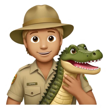 Cinematic Realistic Steve Irwin Portrait Emoji, in his signature khaki attire, holding a crocodile or giving an excited thumbs-up. The scene is lit with vibrant, natural sunlight, emphasizing his adventurous spirit and deep connection to nature. sticker