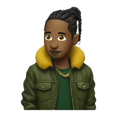 Side profile of a hip hop artist with braids. He has an arm extended down, holding a mic. He's wearing a very dark green crocodile jacket. The jacket has a furry yellow mustard collar.  sticker